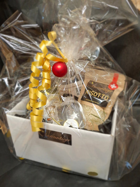 Geschenkbox 0.25g Schweizer Safran mit Oberruntiger Risotto-Reis sowie mit Weisswein
